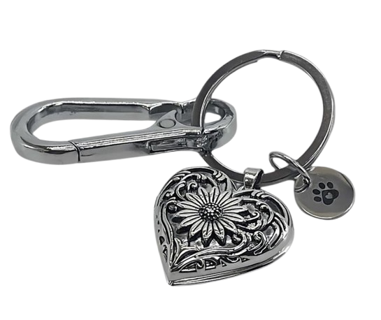 Engraved White Gold Plated Heart "Urn Ashes Locket" Stainless Steel Keyring