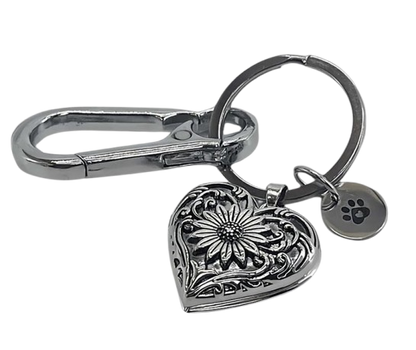Engraved White Gold Plated Heart "Urn Ashes Locket" Stainless Steel Keyring