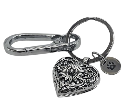 Engraved White Gold Plated Heart "Urn Ashes Locket" Stainless Steel Keyring
